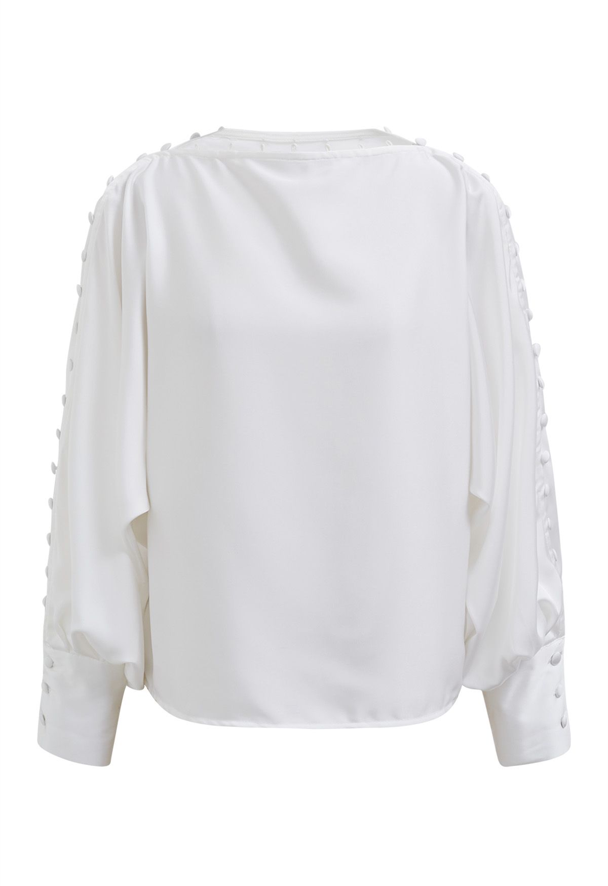 Buttoned Boat Neck Batwing Sleeves Satin Top in White