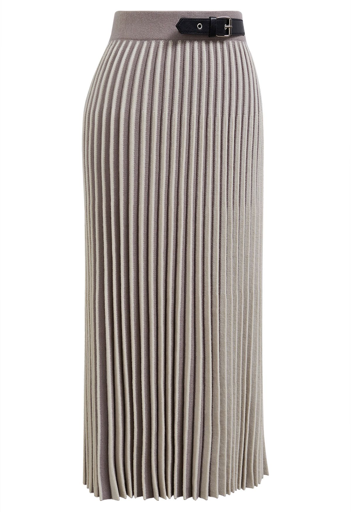 Belt Decorated Striped Pleated Knit Skirt in Taupe