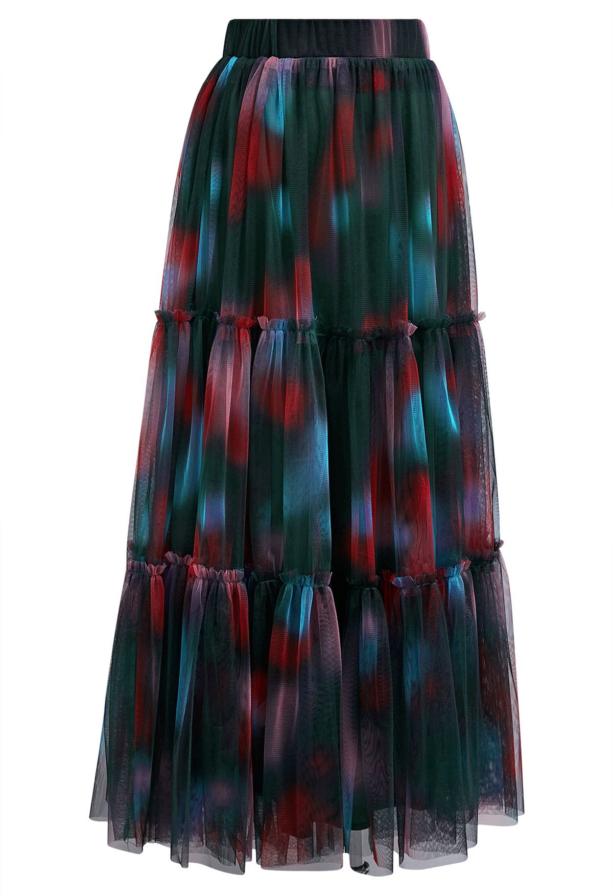 Tie Dye Double-Layered Mesh Tulle Skirt in Red