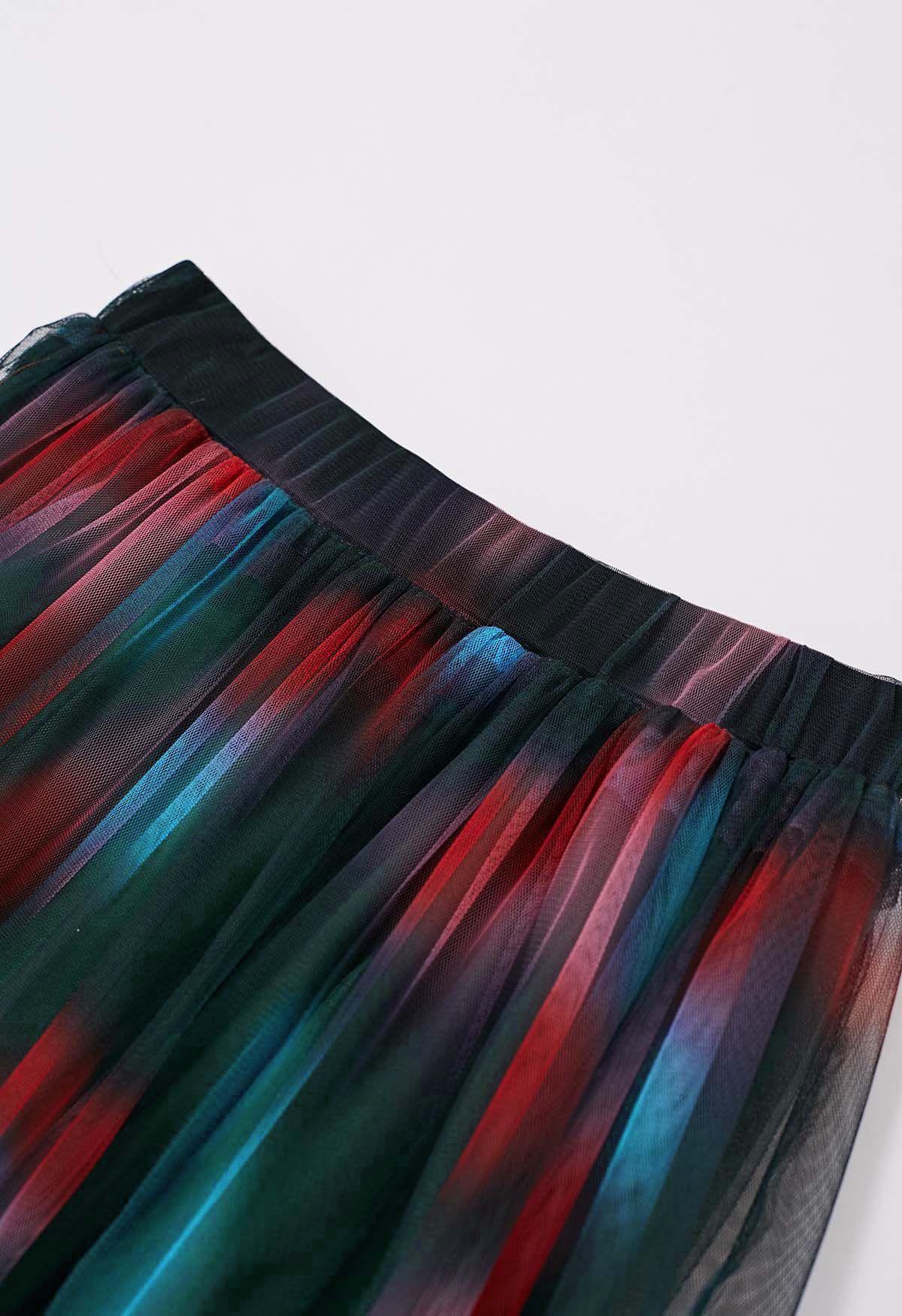 Tie Dye Double-Layered Mesh Tulle Skirt in Red