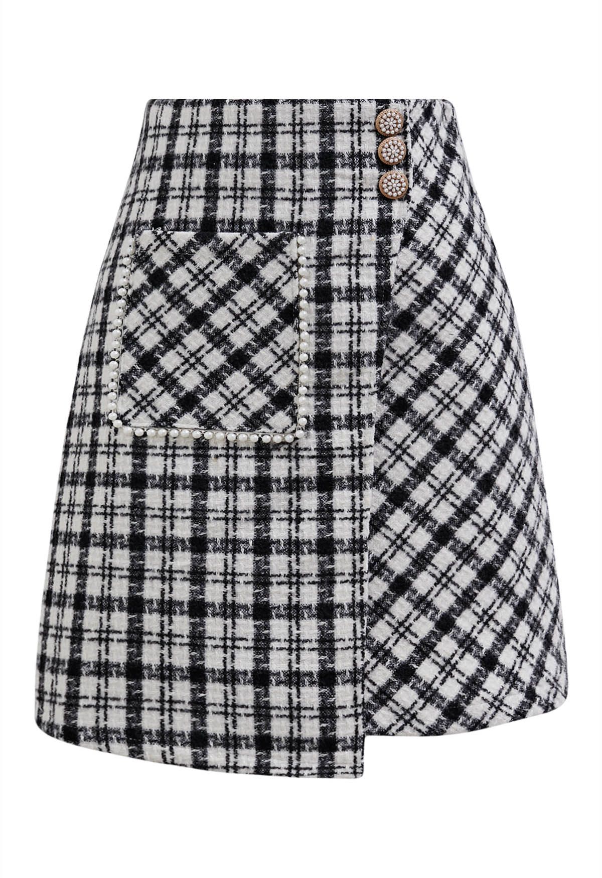 Patch Pocket Plaid Tweed Flap Skirt in Black - Retro, Indie and Unique ...