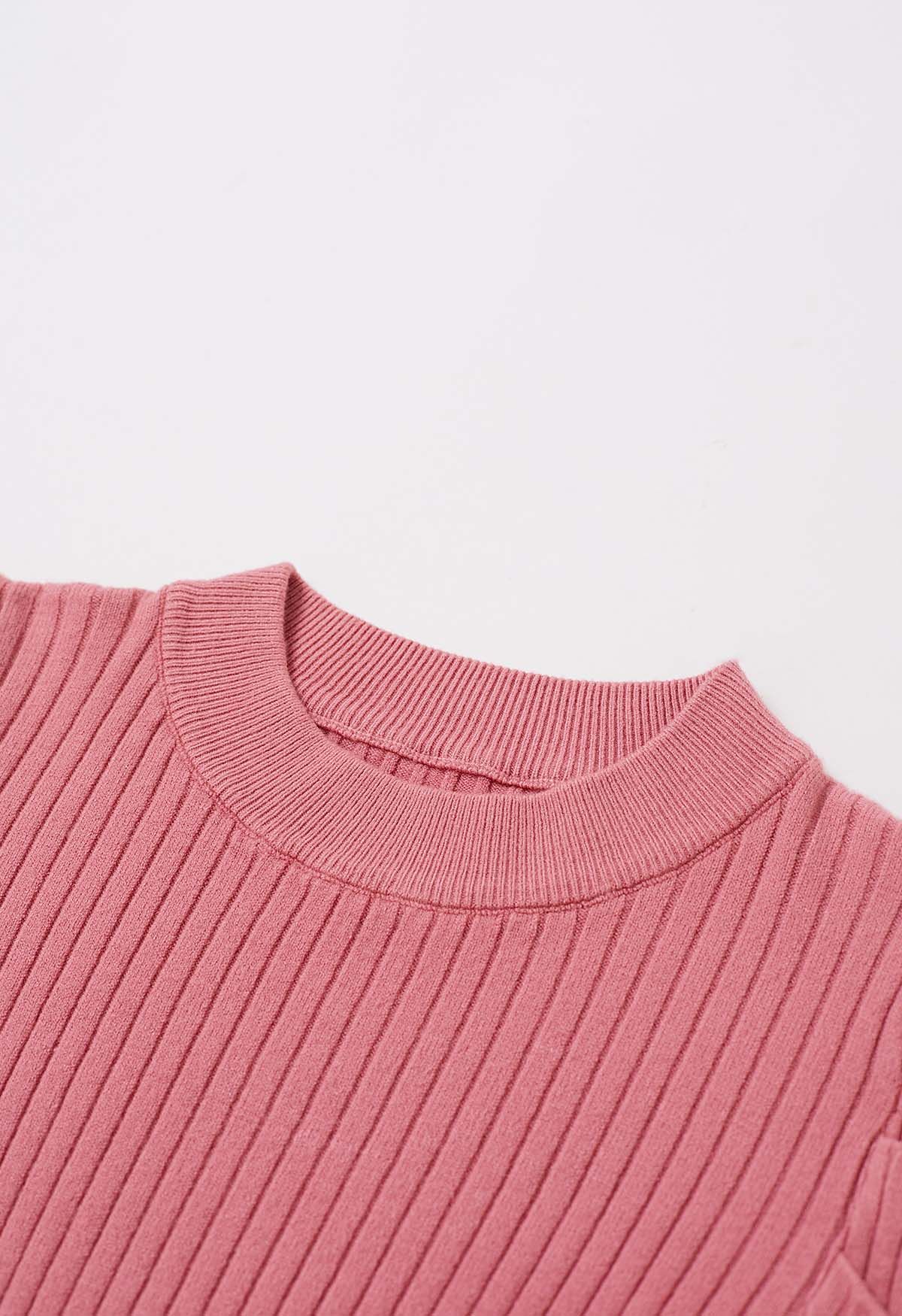 Modern Gigot Sleeves Rib Knit Top in Pink - Retro, Indie and Unique Fashion