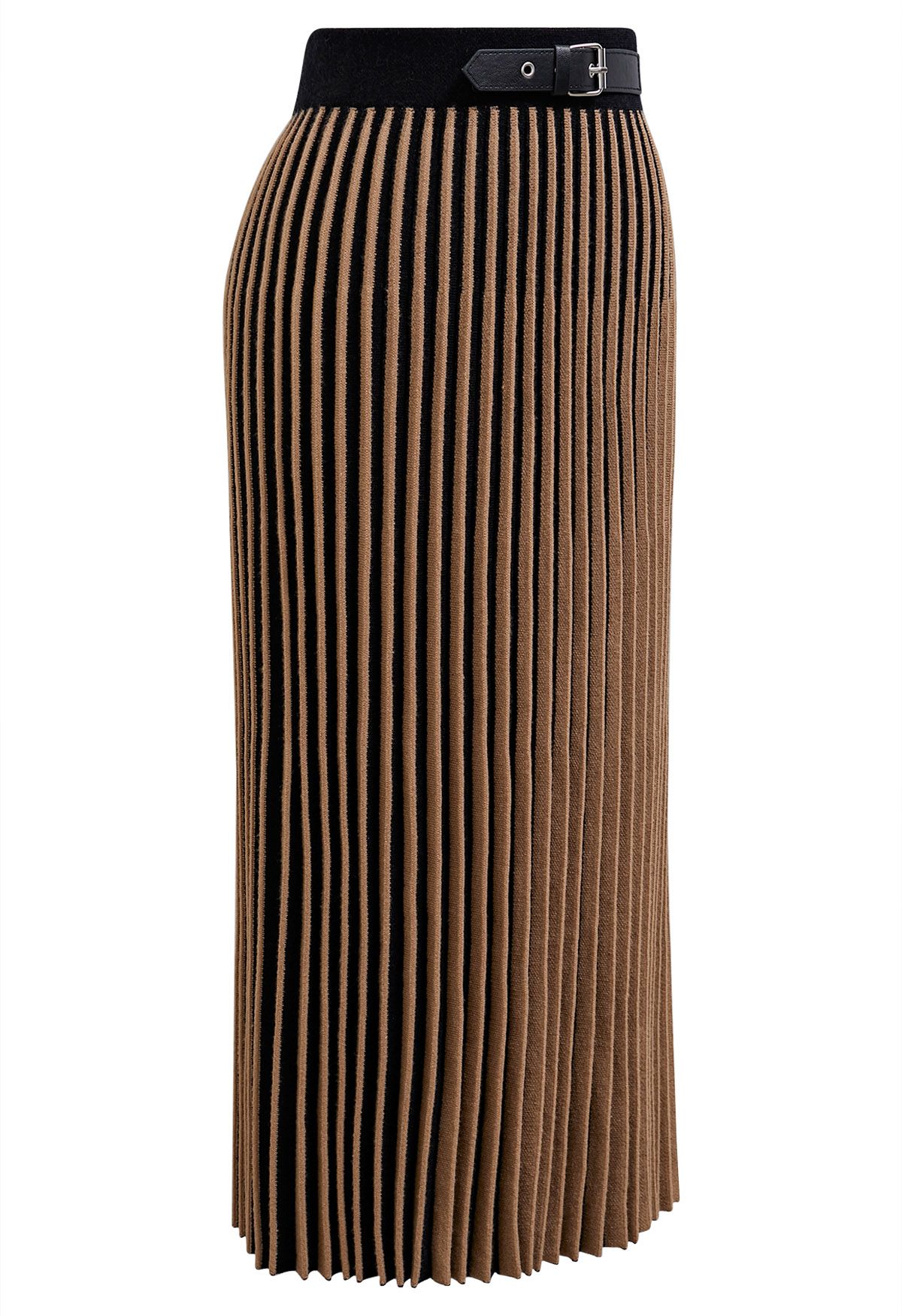 Belt Decorated Striped Pleated Knit Skirt in Tan