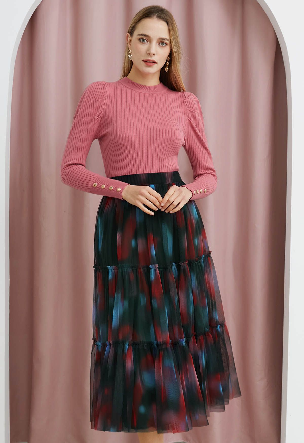 Tie Dye Double-Layered Mesh Tulle Skirt in Red