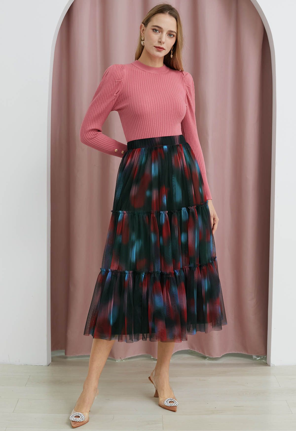 Tie Dye Double-Layered Mesh Tulle Skirt in Red