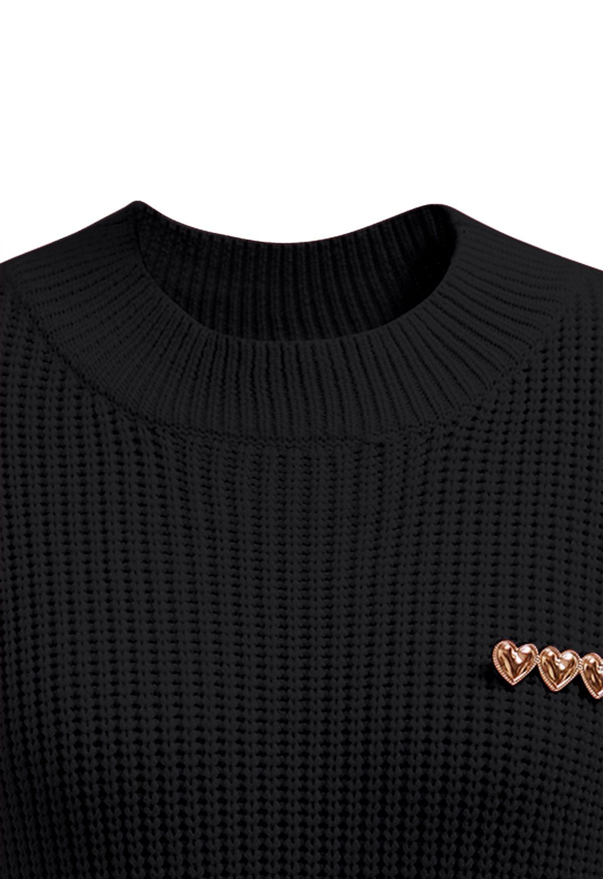 Heart Brooch Elbow Sleeve Knit Sweater in Black