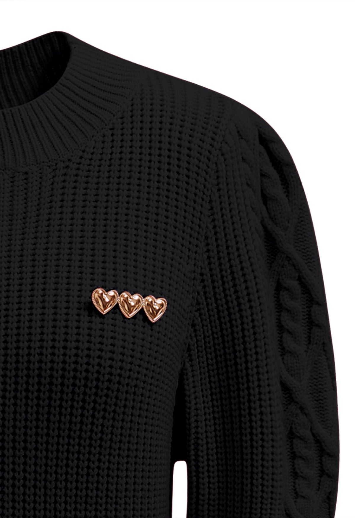 Heart Brooch Elbow Sleeve Knit Sweater in Black