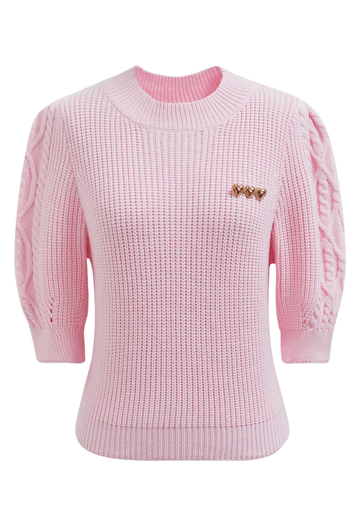 Heart Brooch Elbow Sleeve Knit Sweater in Pink