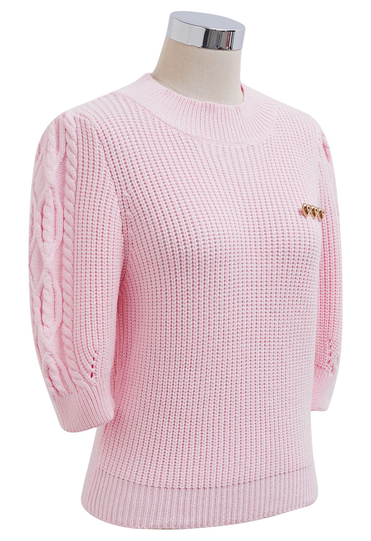 Heart Brooch Elbow Sleeve Knit Sweater in Pink