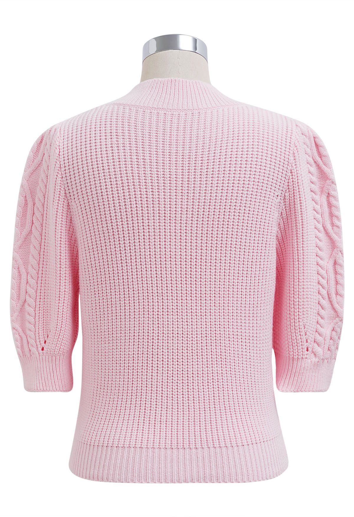 Heart Brooch Elbow Sleeve Knit Sweater in Pink