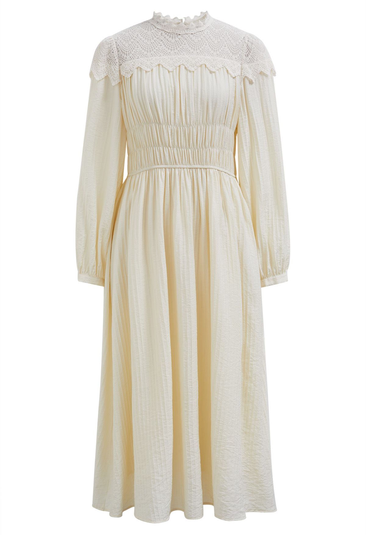 Lace Spliced Shirred Midi Dress in Light Yellow