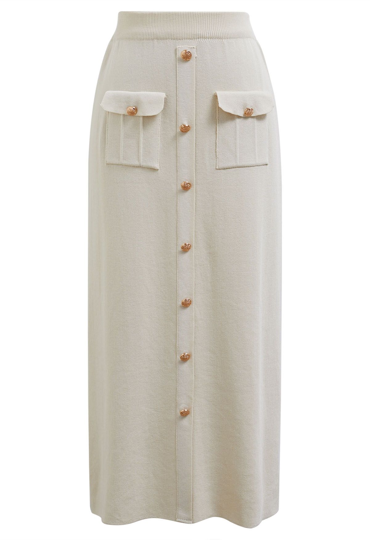 Standout Button Embellished Knit Top and Midi Skirt Set in Ivory ...