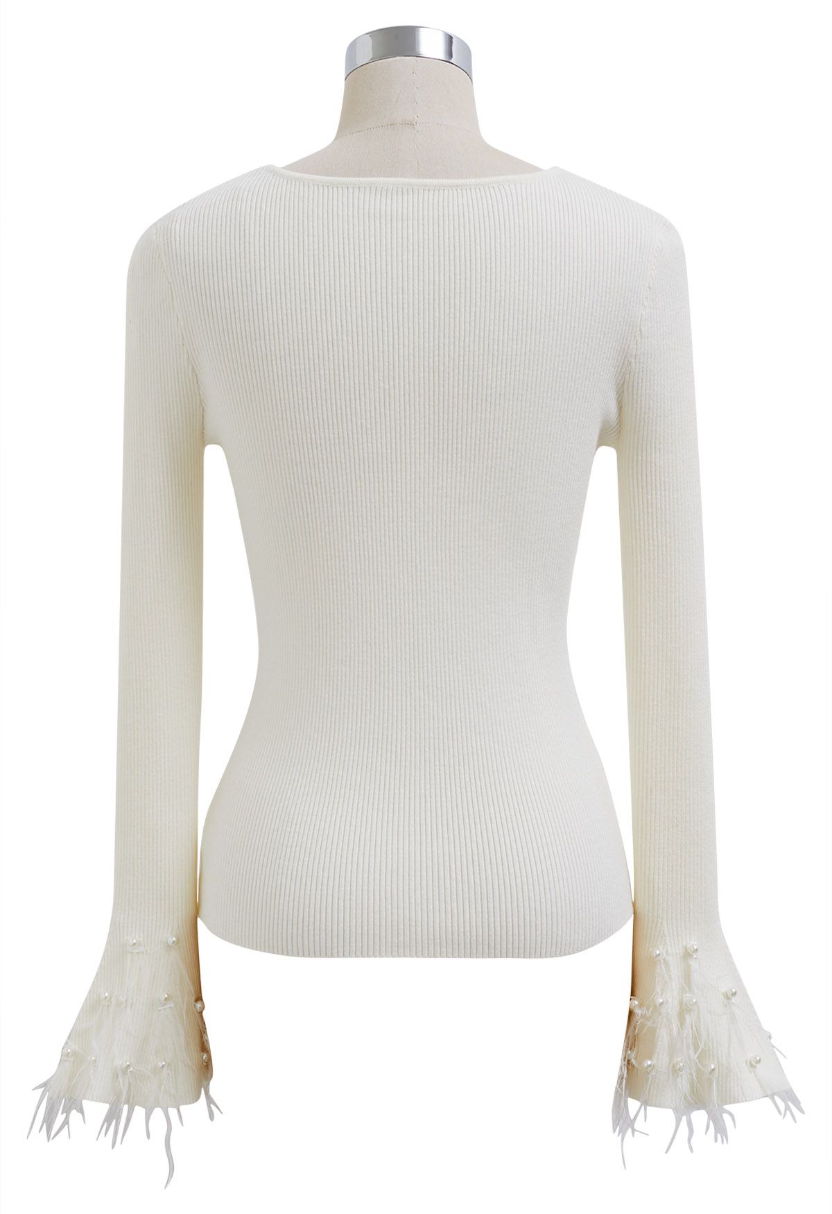 Pearly Feather Cuffs Scoop Neck Knit Top in White