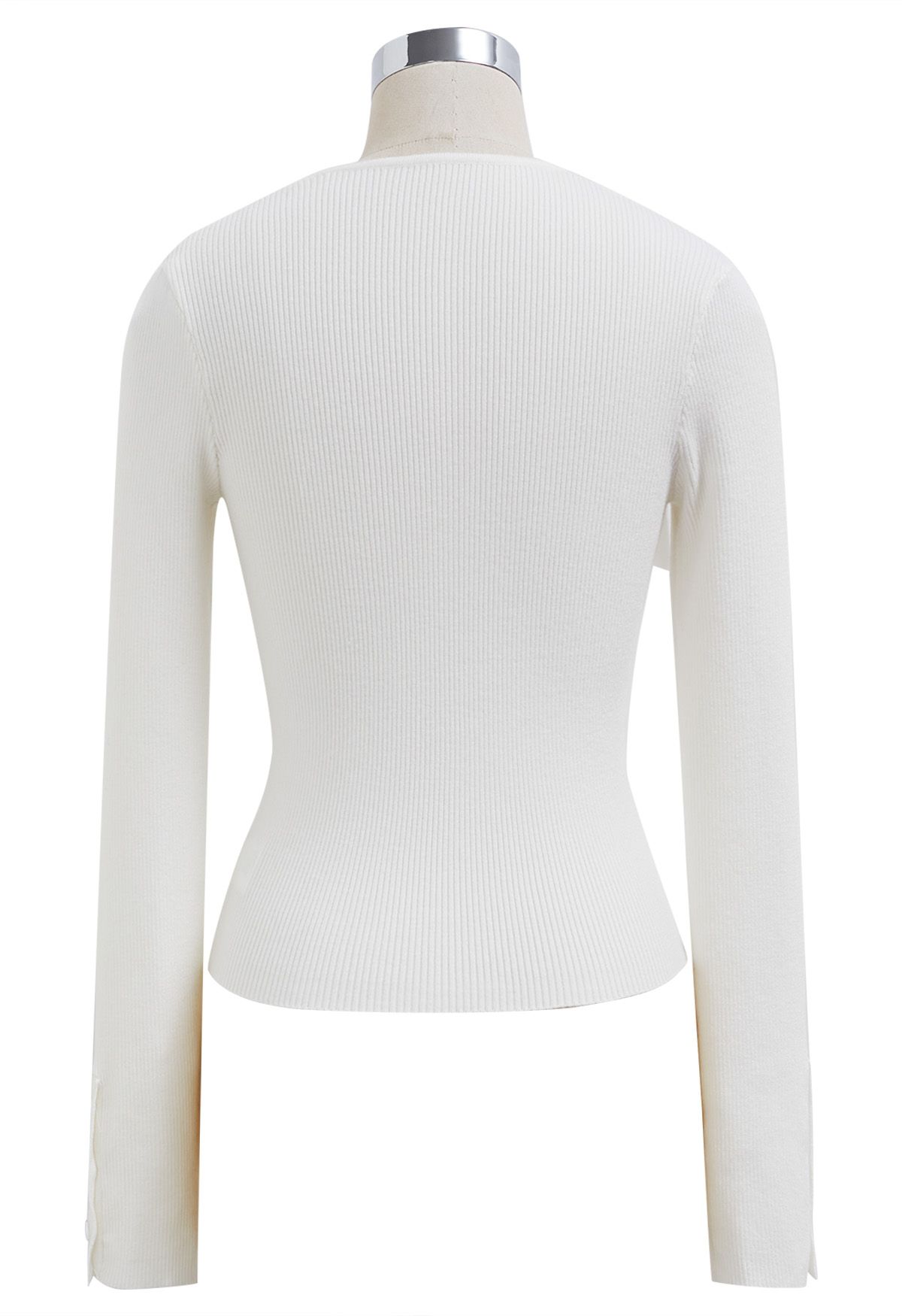 Bowknot Neckline Fitted Knit Top in White