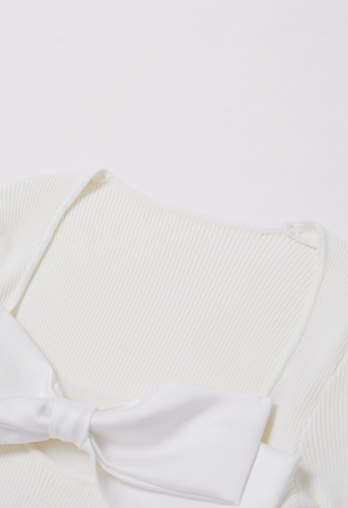 Bowknot Neckline Fitted Knit Top in White