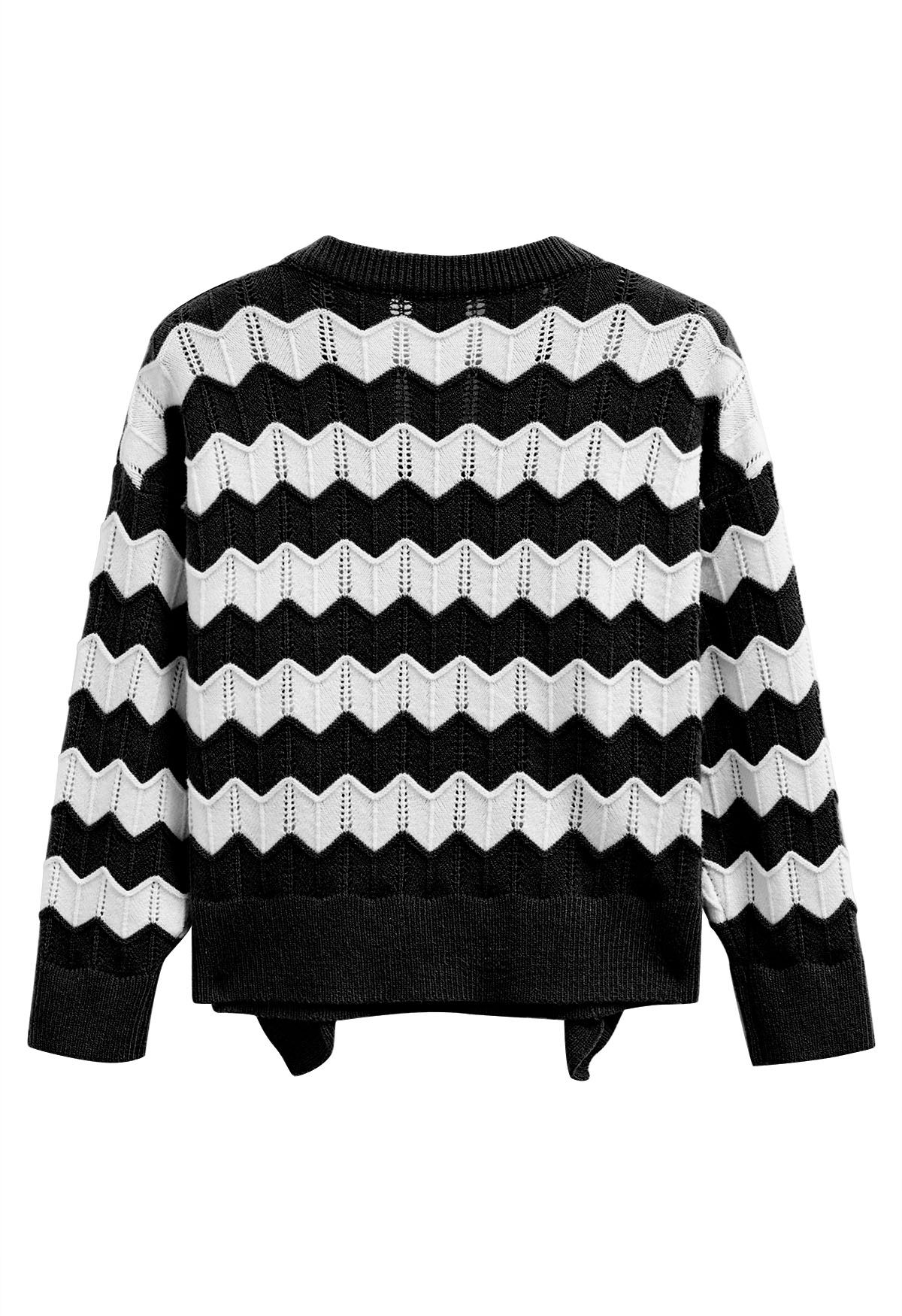 Ruffle Trim Wavy Stripe Knit Sweater in Black