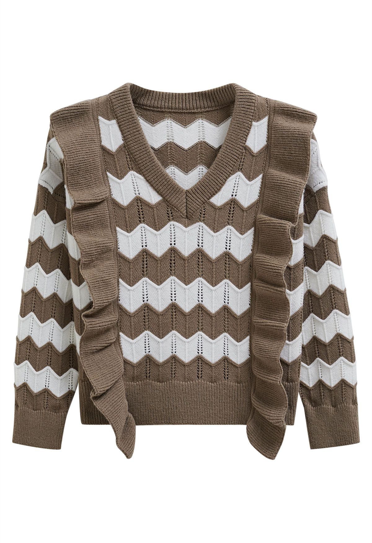 Ruffle Trim Wavy Stripe Knit Sweater in Brown