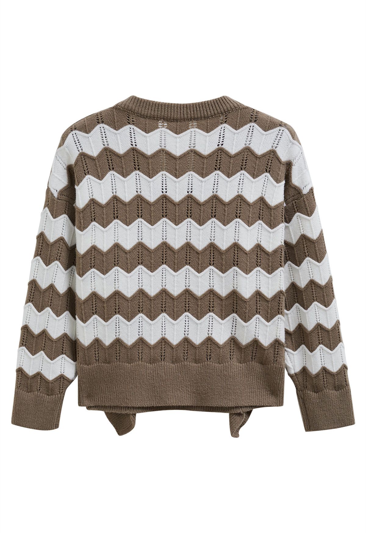 Ruffle Trim Wavy Stripe Knit Sweater in Brown