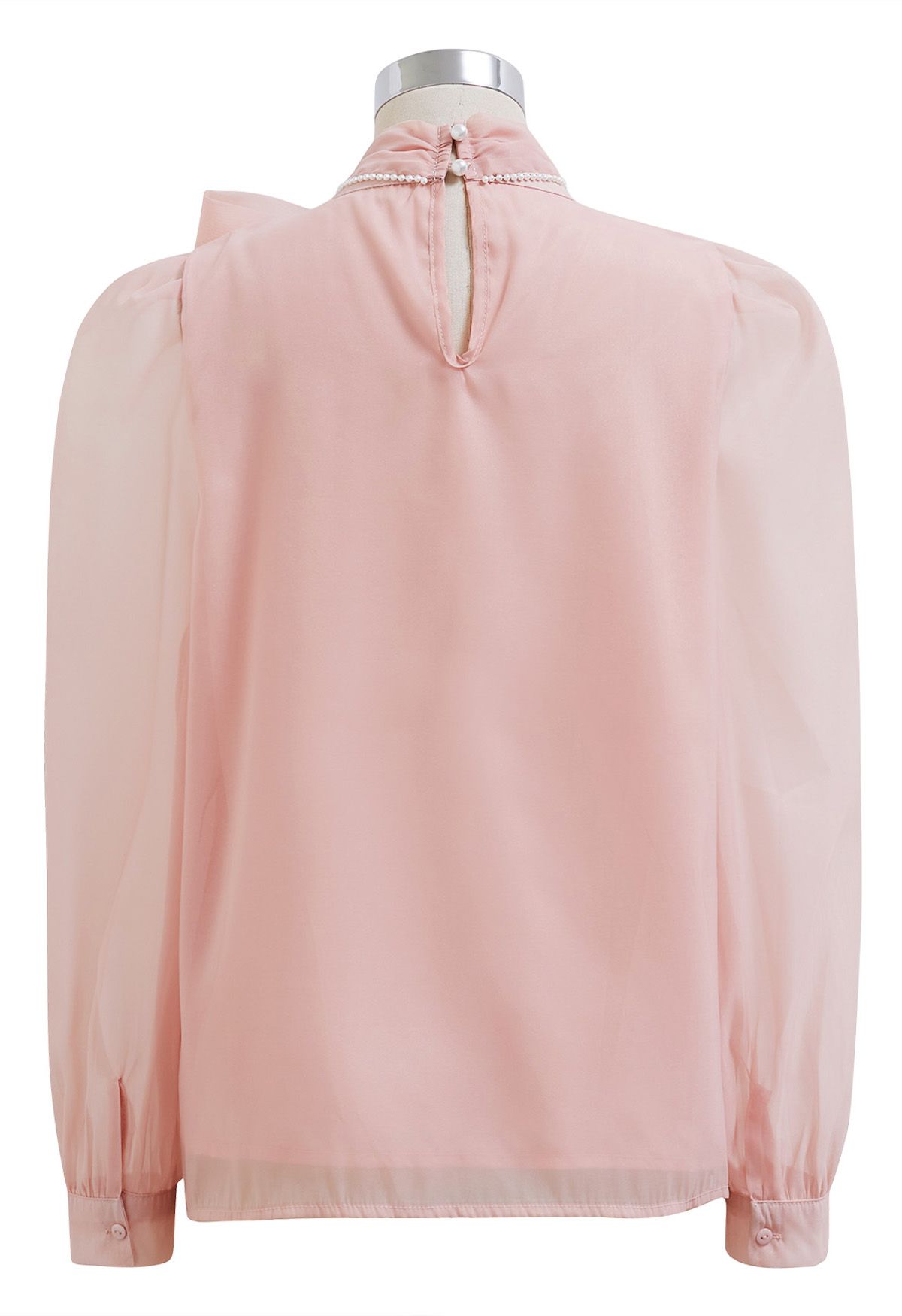 Pearly Bowknot Puff Sleeve Shirt in Pink