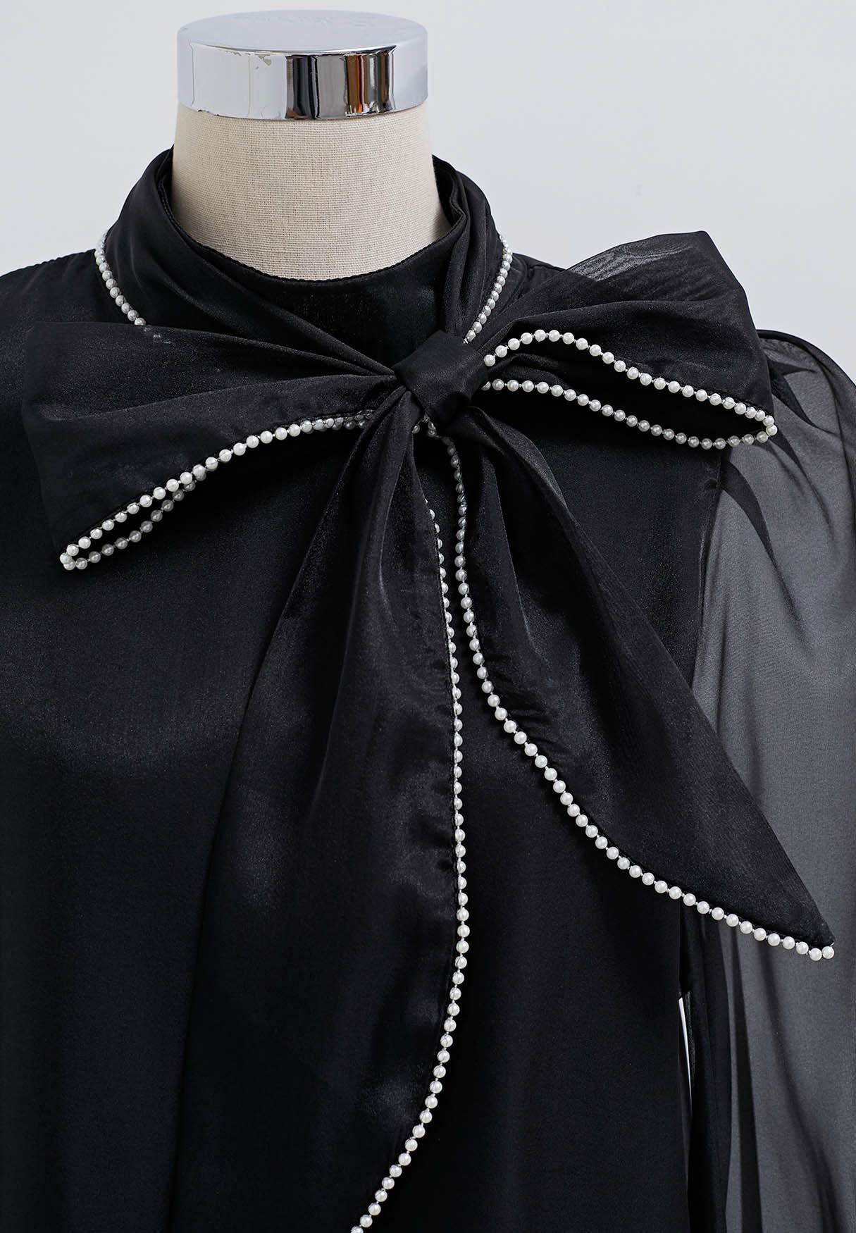 Pearly Bowknot Puff Sleeve Shirt in Black