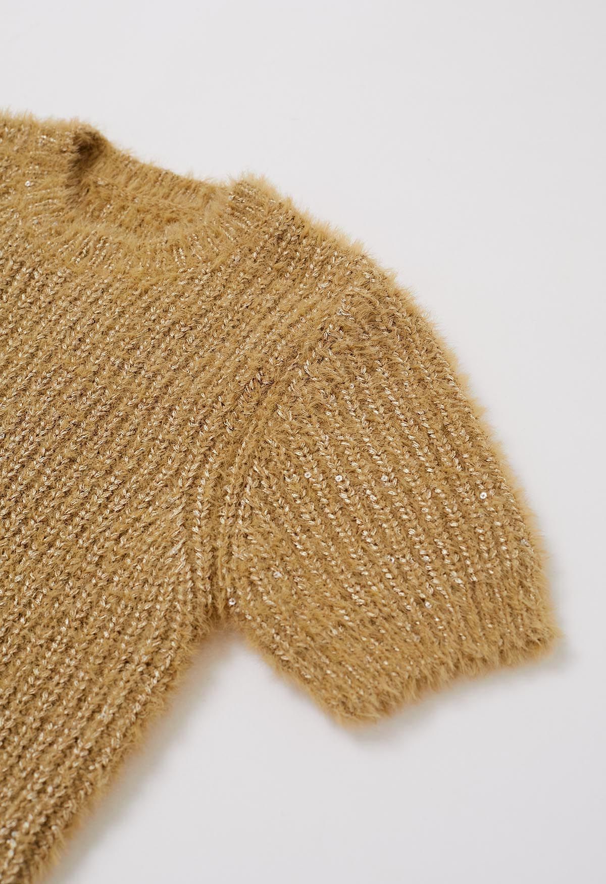Sequin Fuzzy Short Sleeve Sweater in Camel