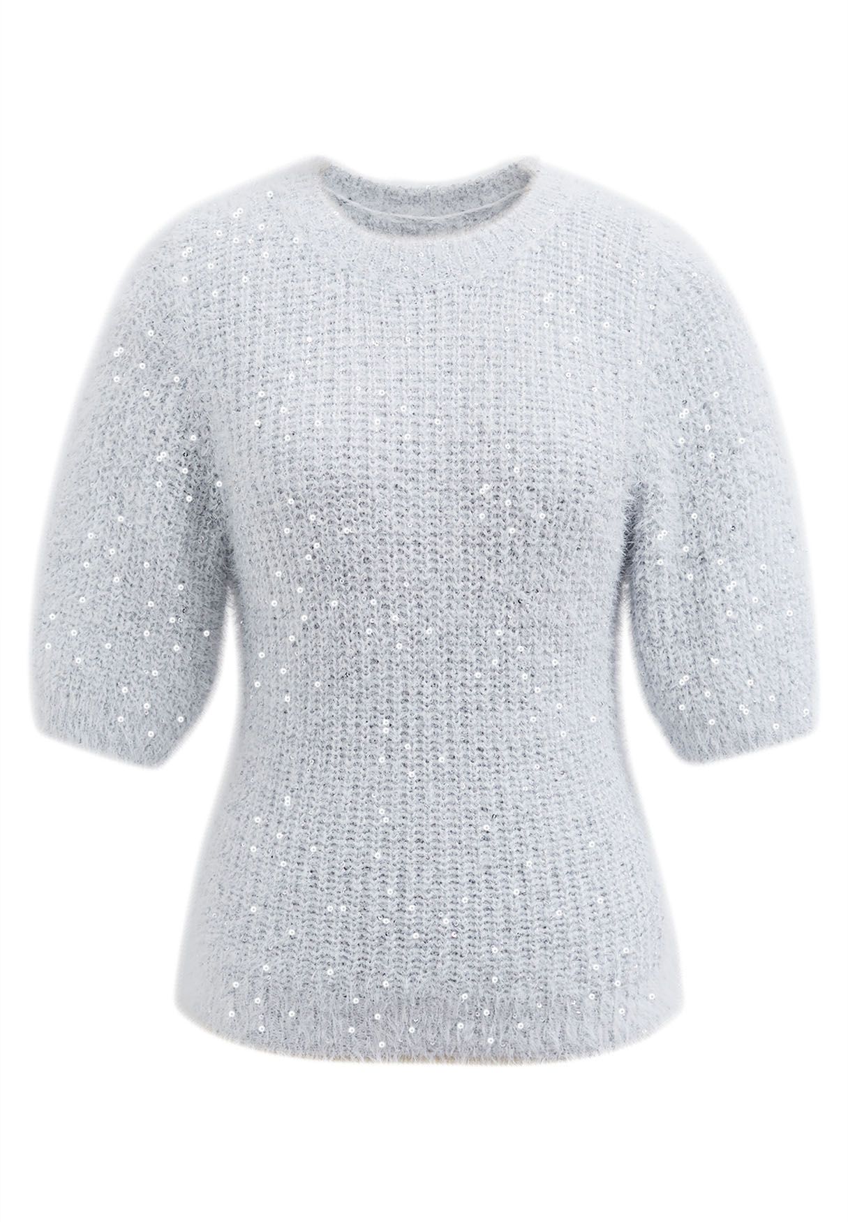 Sequin Fuzzy Short Sleeve Sweater in Silver