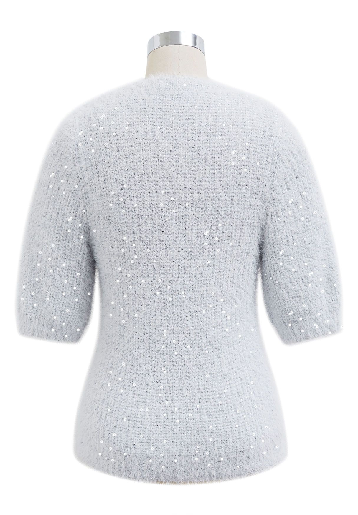 Sequin Fuzzy Short Sleeve Sweater in Silver