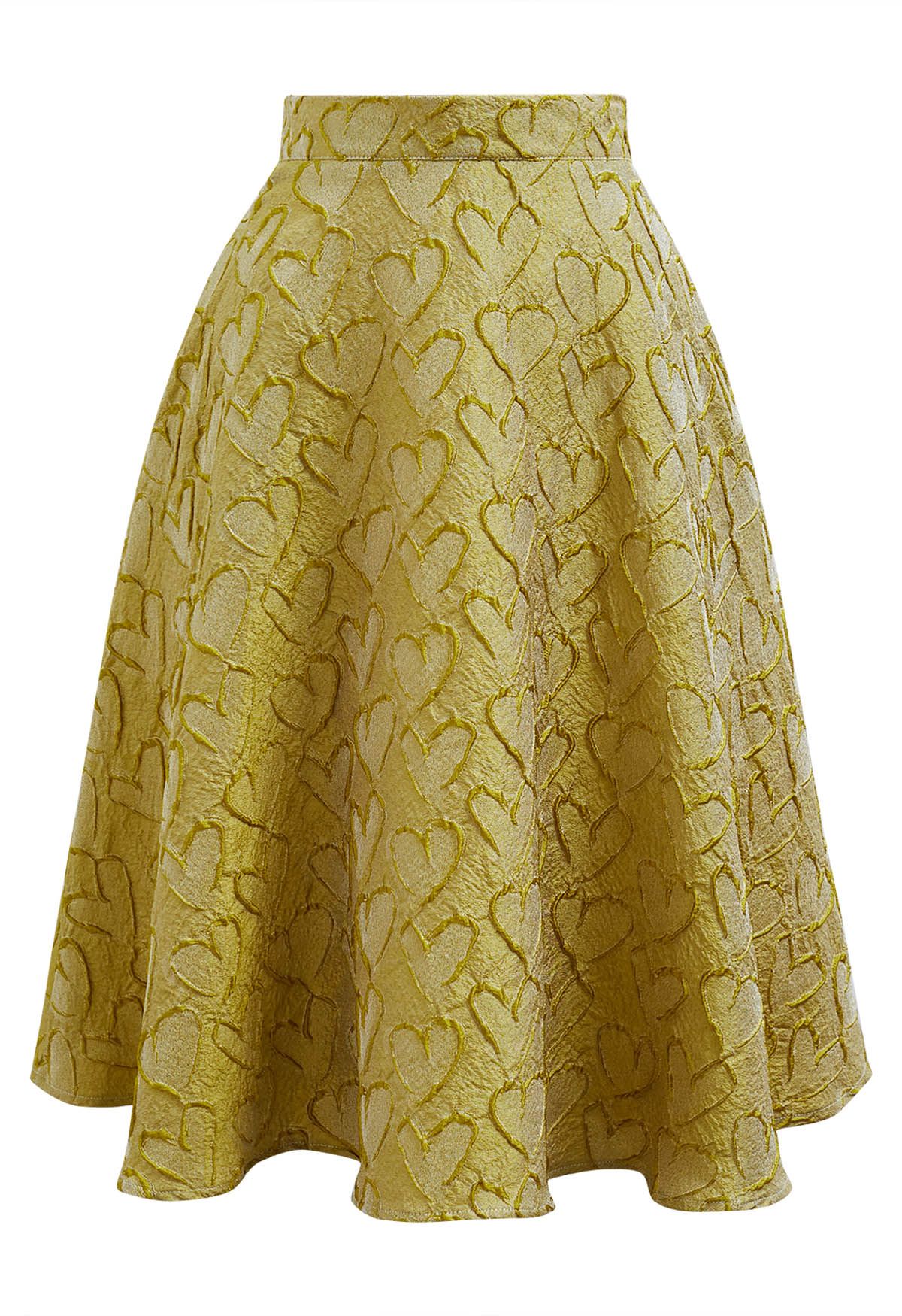 Pastel Heart Texture Flare Skirt in Yellow