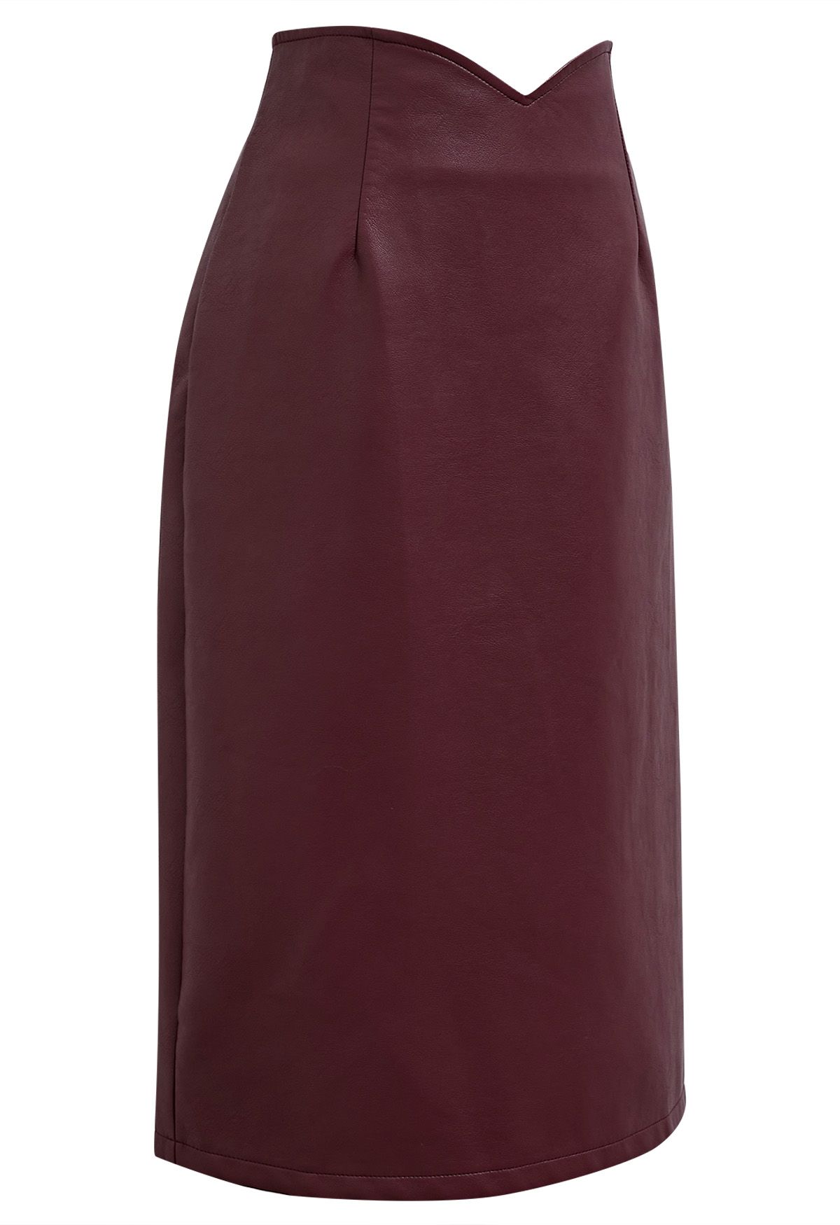 Notch Waistline Faux Leather Midi Skirt in Burgundy