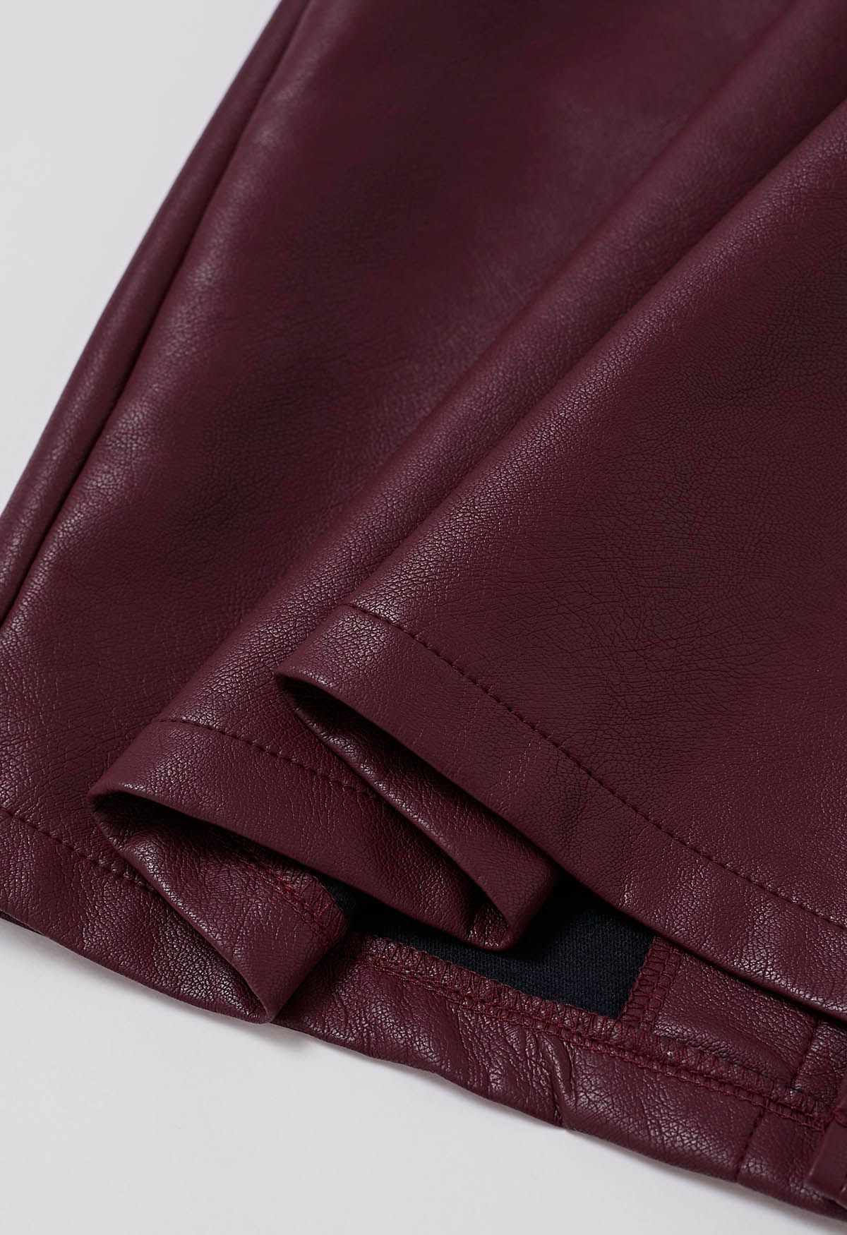 Notch Waistline Faux Leather Midi Skirt in Burgundy