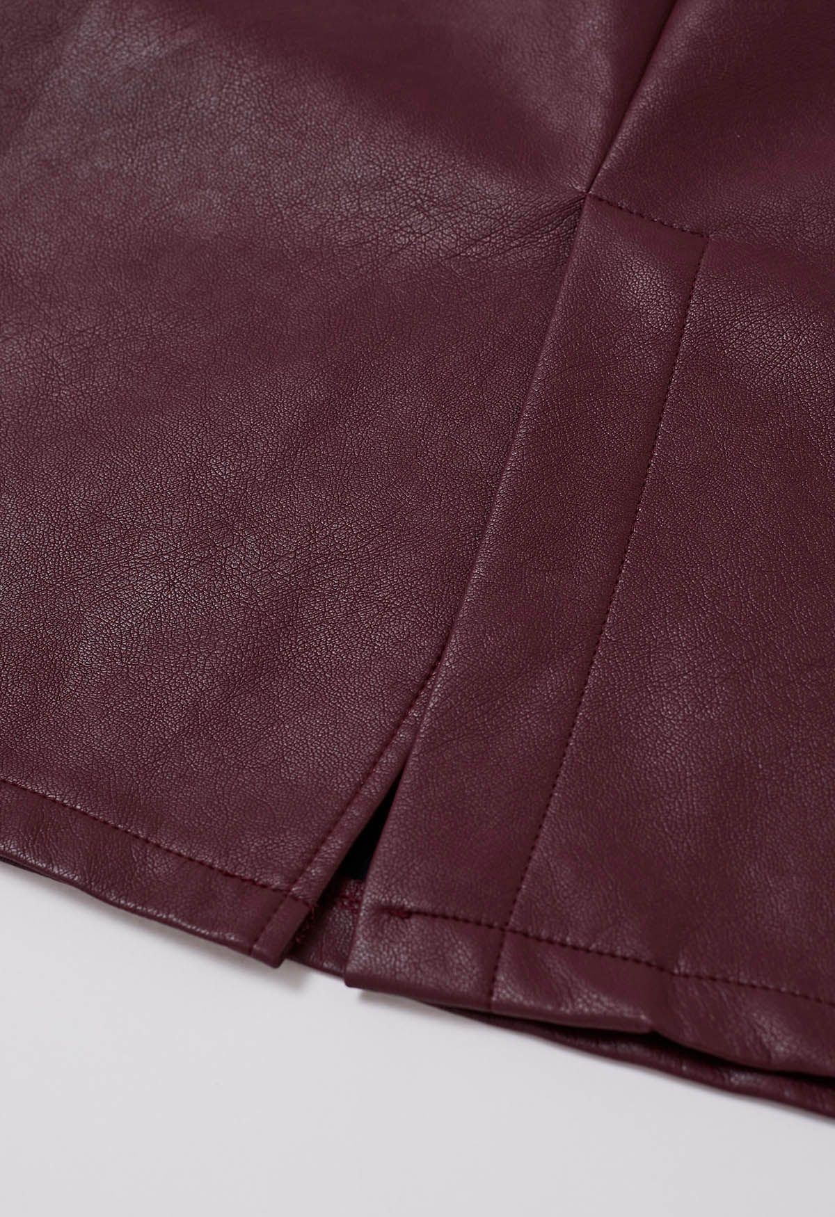 Notch Waistline Faux Leather Midi Skirt in Burgundy