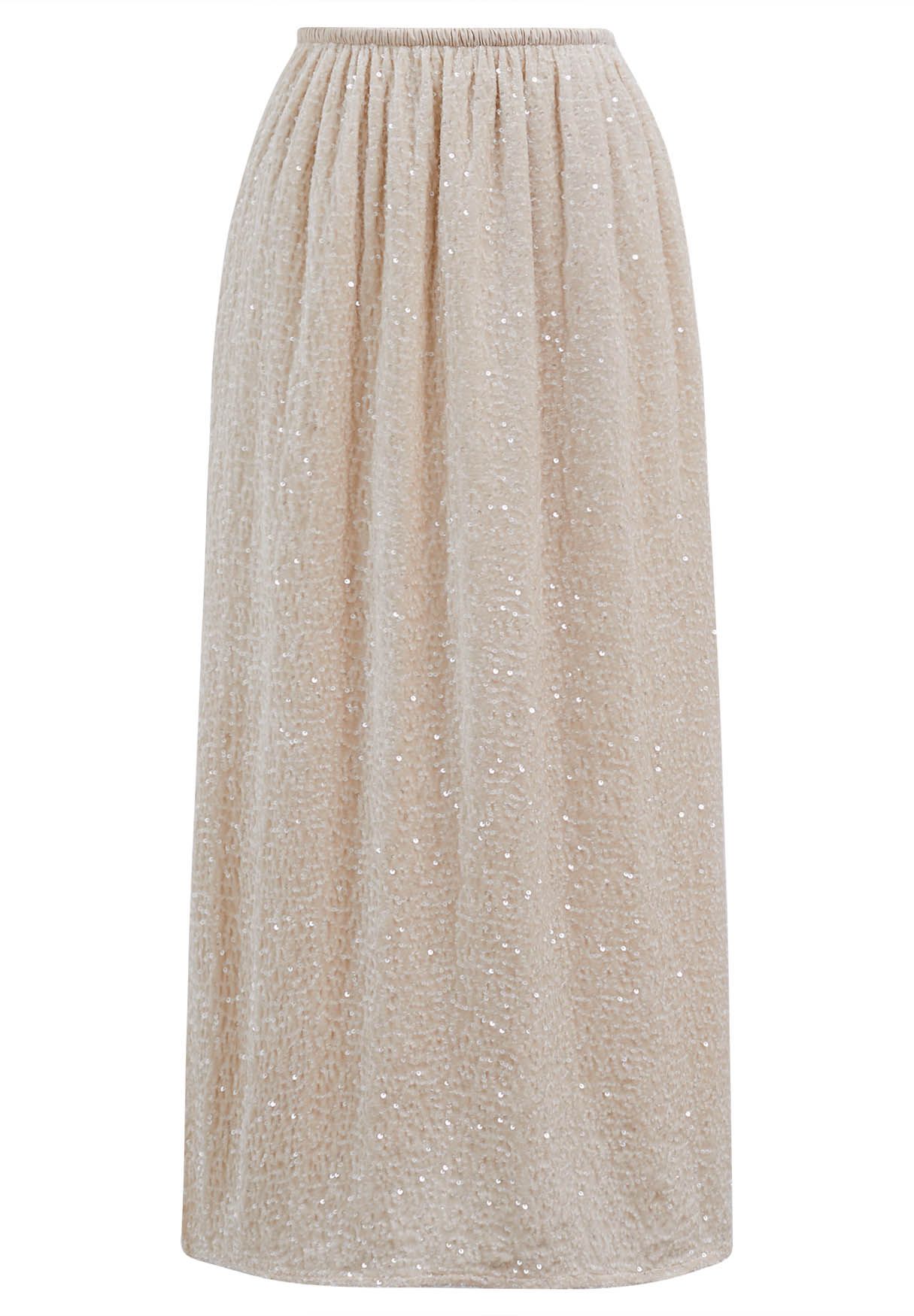 Sequin Adorned Velvet Pencil Skirt in Champagne