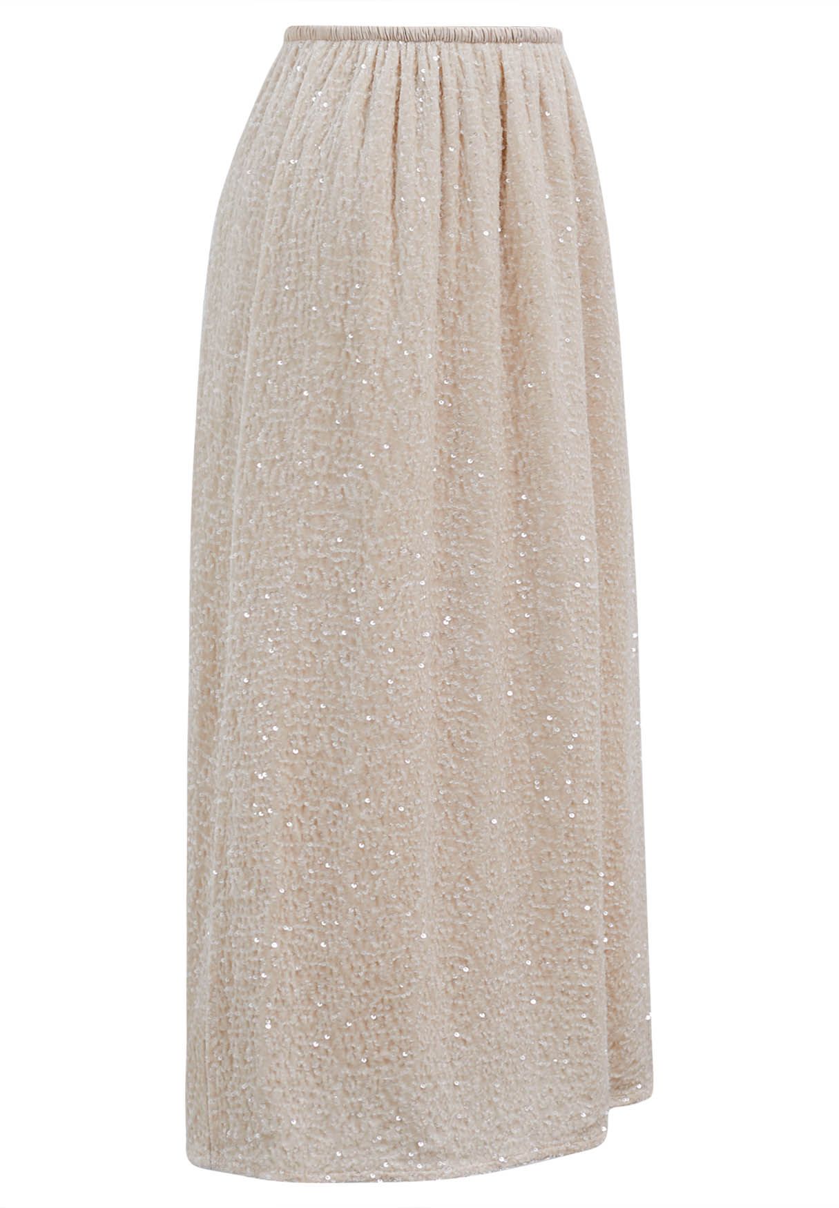 Sequin Adorned Velvet Pencil Skirt in Champagne