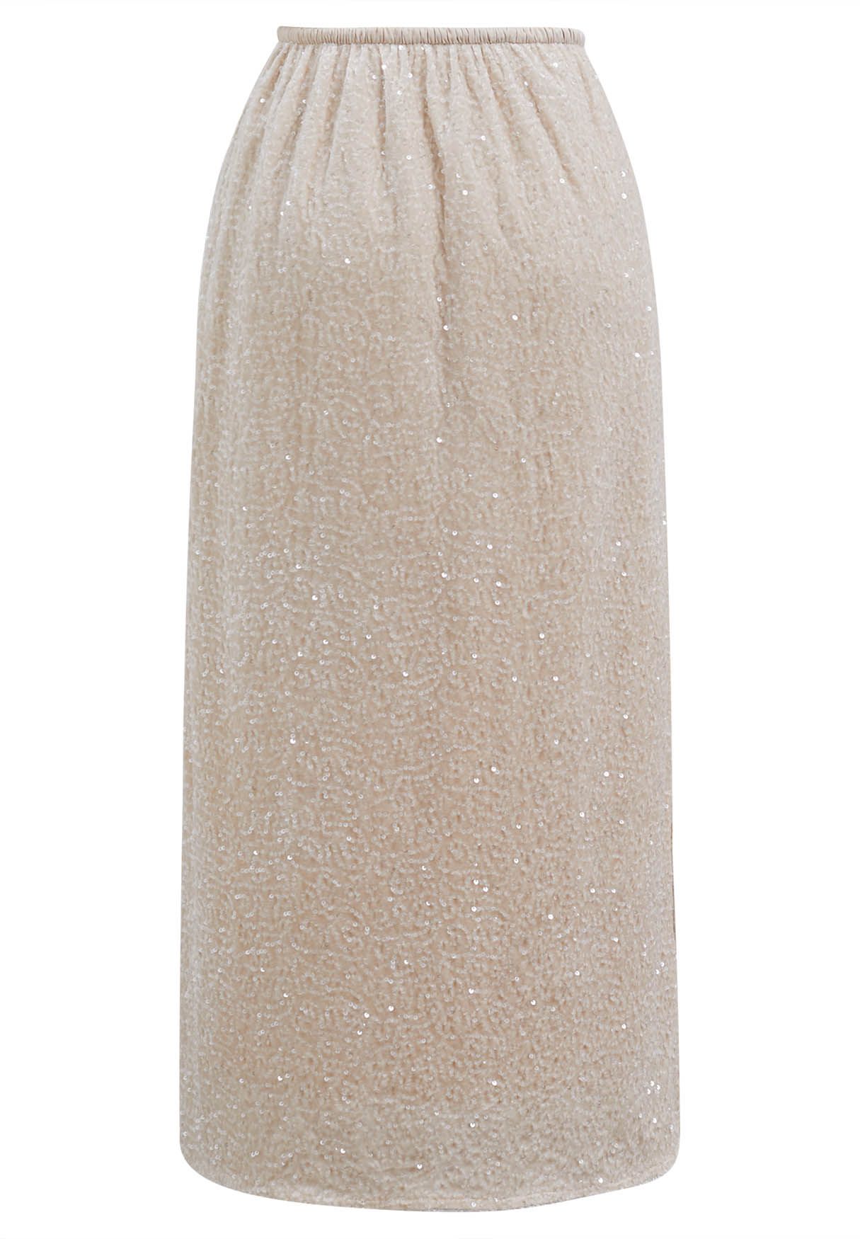 Sequin Adorned Velvet Pencil Skirt in Champagne