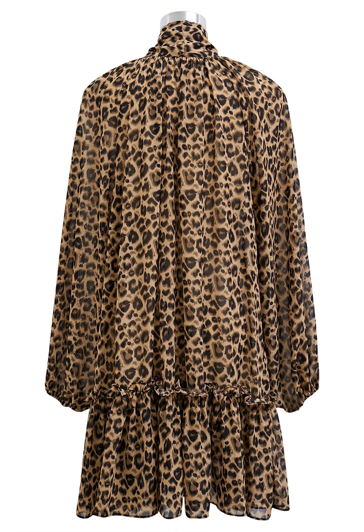 Leopard Print Self-Tie Neckline Chiffon Mini Dress