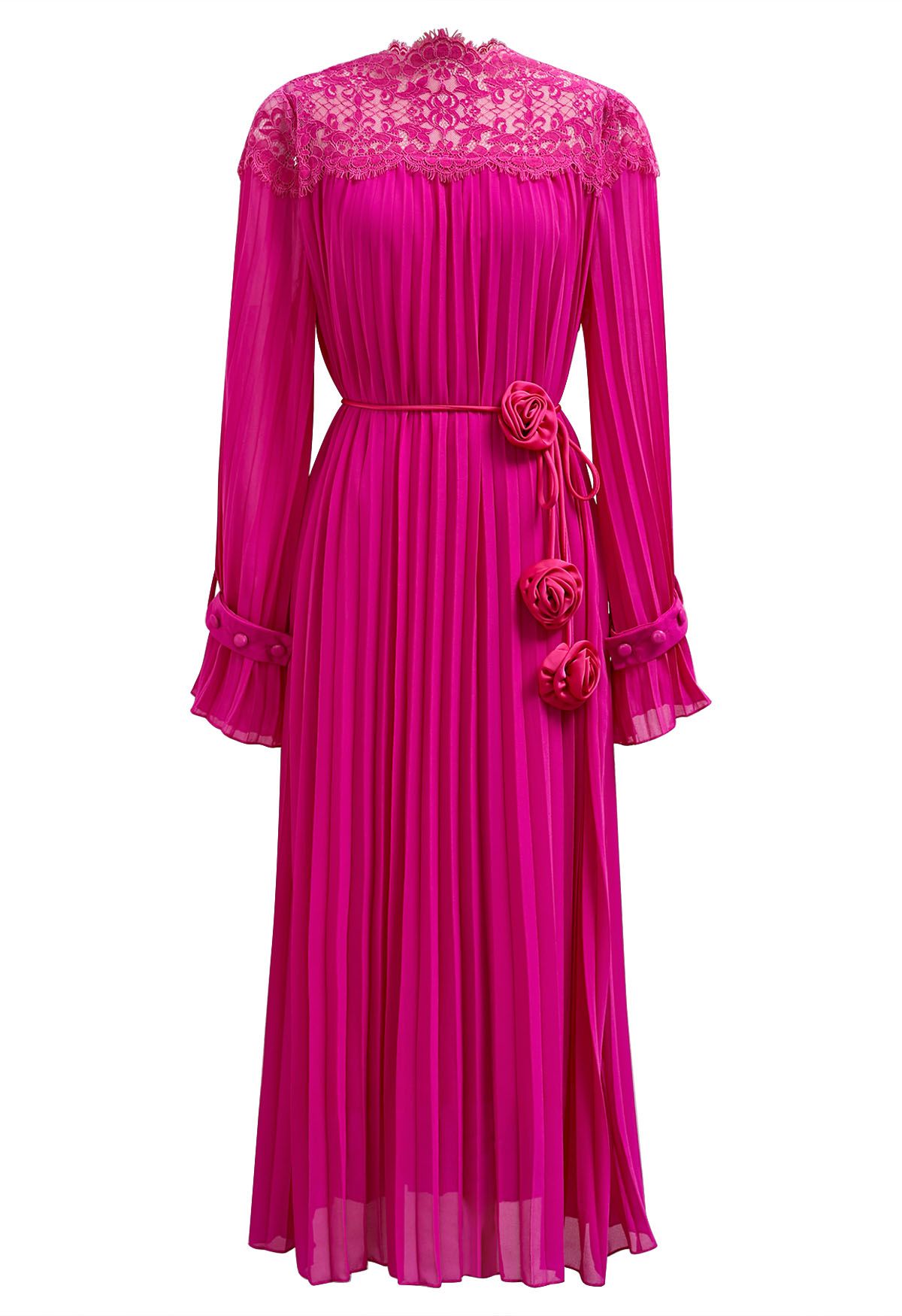 Rose String Lace Spliced Pleated Midi Dress in Hot Pink