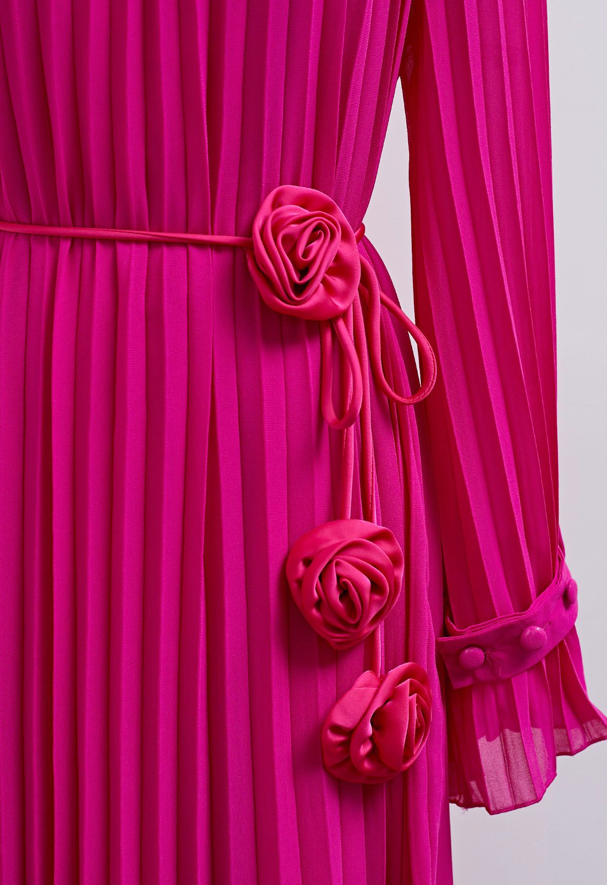 Rose String Lace Spliced Pleated Midi Dress in Hot Pink