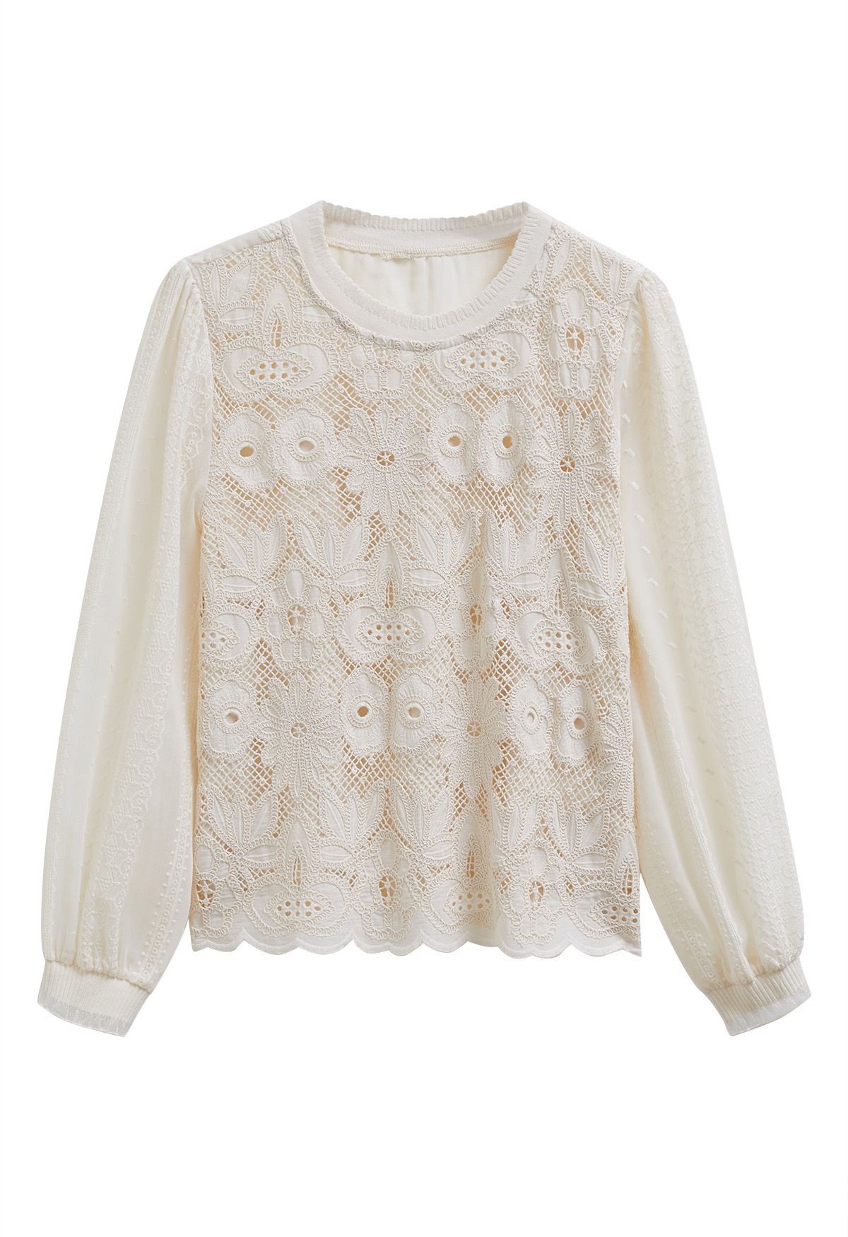 Floral Lace Embroidered Sheer Sleeve Top in Cream