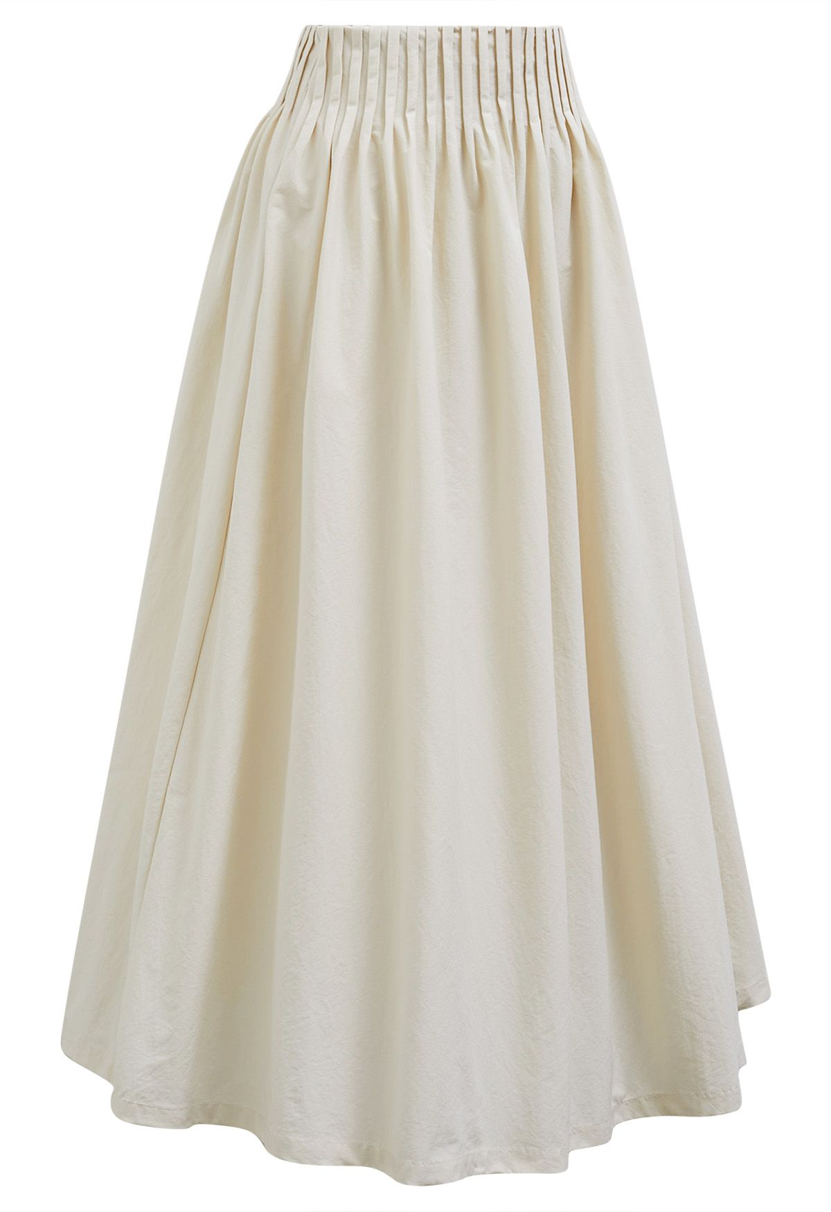 Casual Pleated Waist Cotton Maxi Skirt in Cream