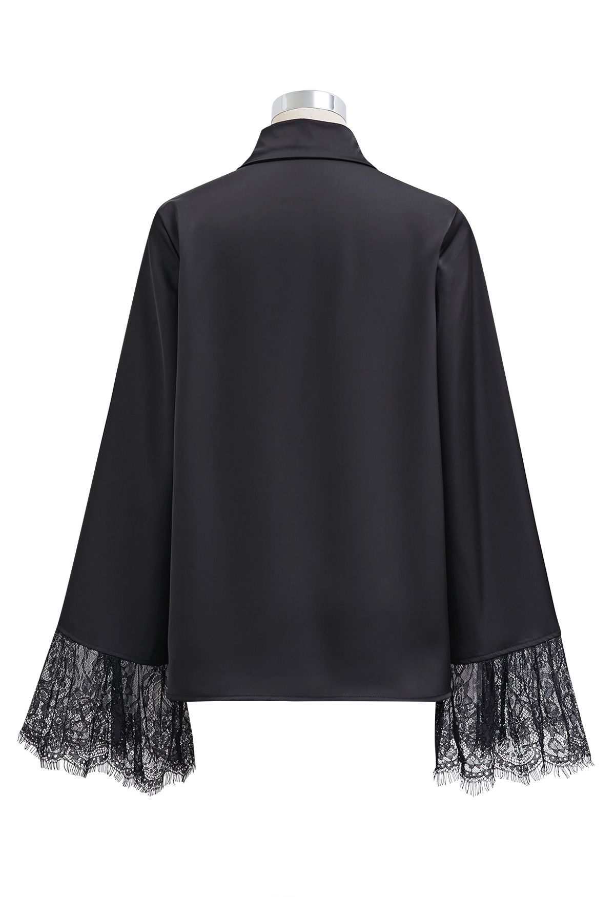 Lace Cuff Bell-Sleeve Satin Shirt in Black