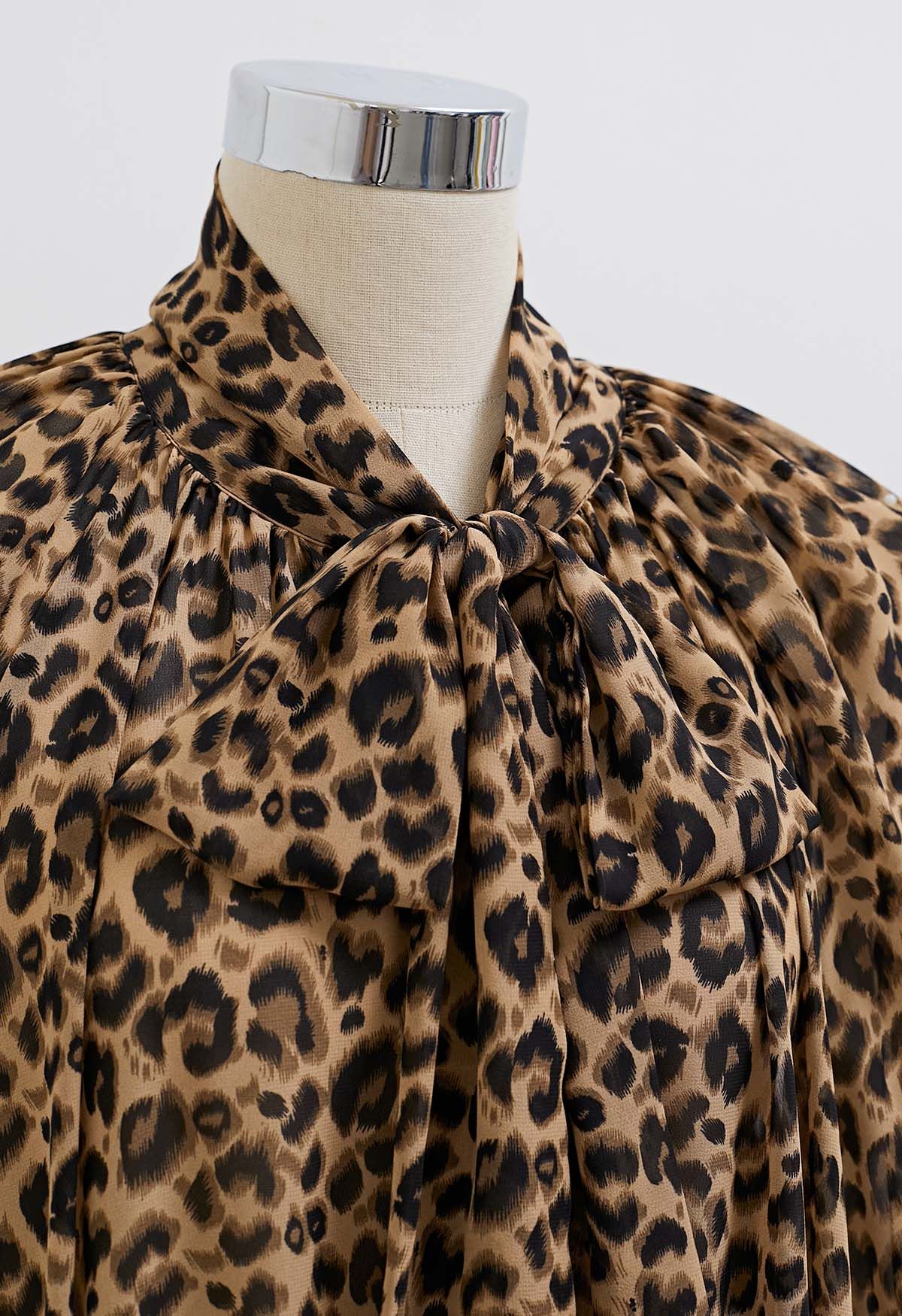 Leopard Print Self-Tie Neckline Chiffon Mini Dress