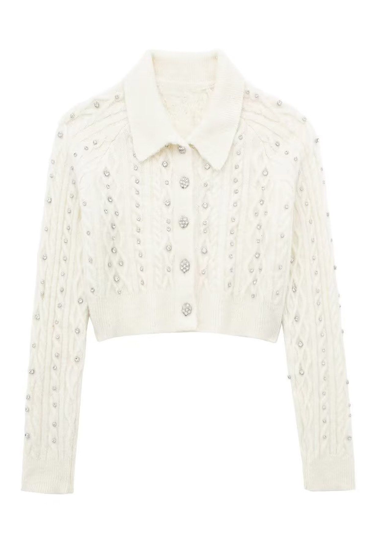 Exquisite Rhinestone Braided Knit Cropped Cardigan