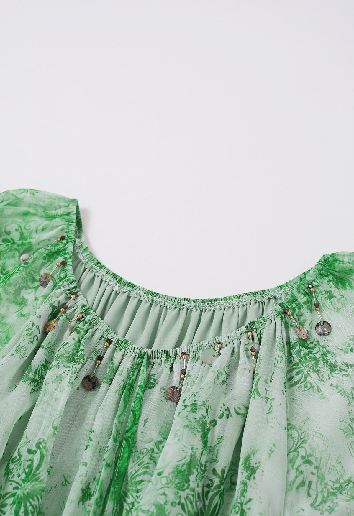 Vintage Baroque Off-Shoulder Chiffon Maxi Dress in Green