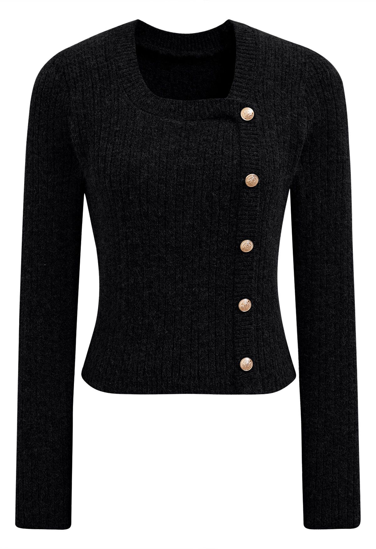 Irregular Golden Button Trim Cropped Knit Top in Black