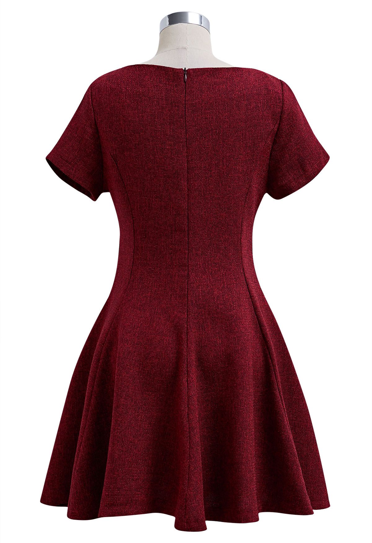 Fit-and-Flare Seamed Tweed Mini Dress in Red