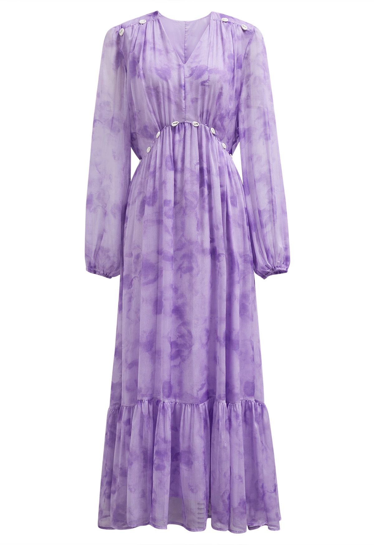 Seashell Beaded Tie-Waist Chiffon Maxi Dress in Lilac