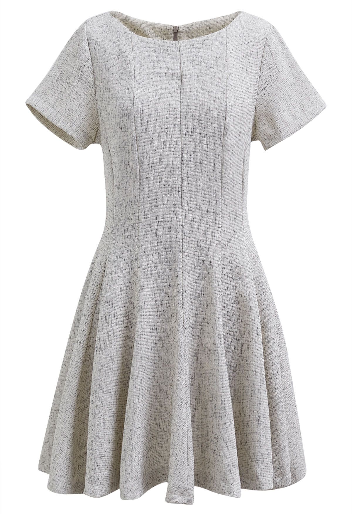 Fit-and-Flare Seamed Tweed Mini Dress in Ivory