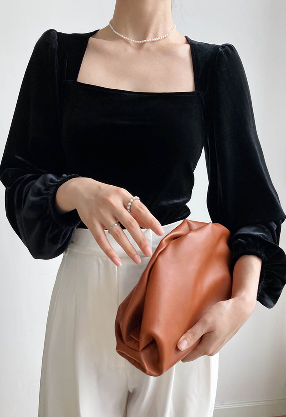 Square Neck Bubble Sleeve Velvet Top