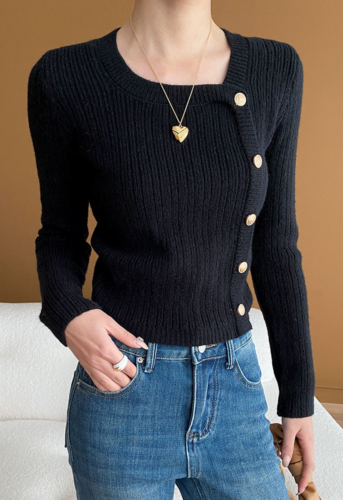 Irregular Golden Button Trim Cropped Knit Top in Black