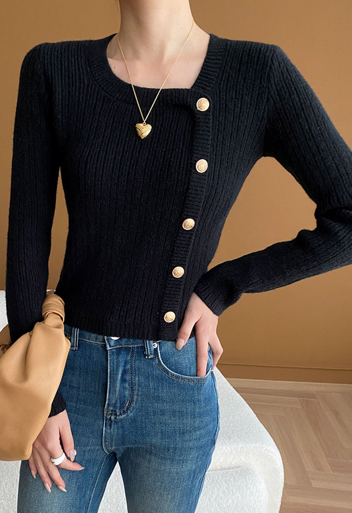 Irregular Golden Button Trim Cropped Knit Top in Black